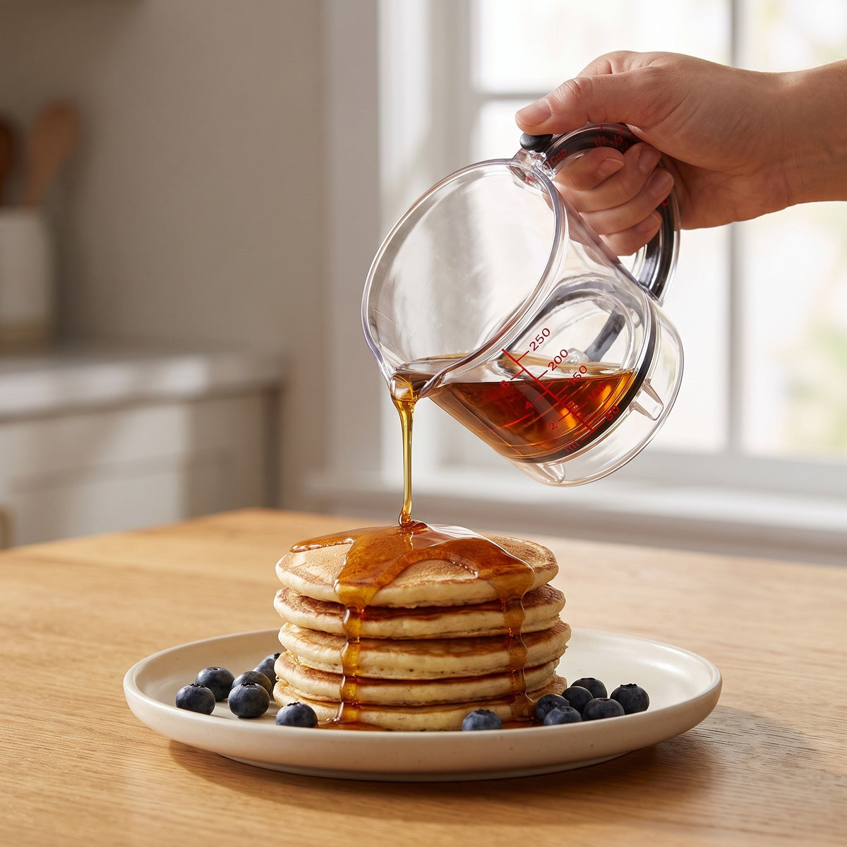 Pouring maple syrup onto pancakes