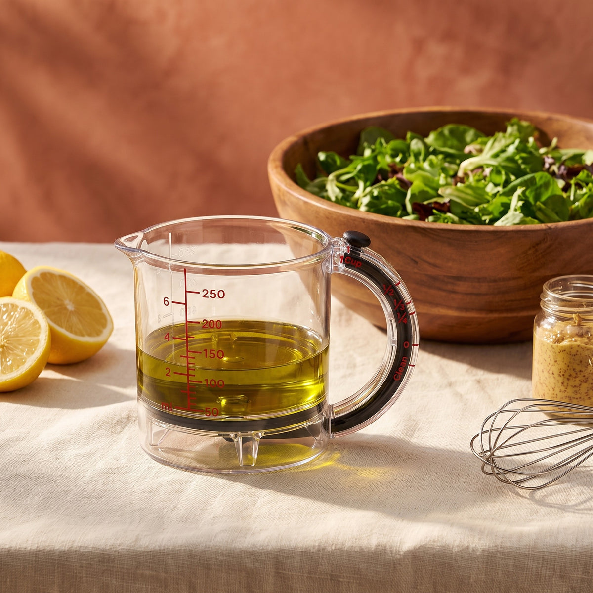 Measuring olive oil for salad dressing