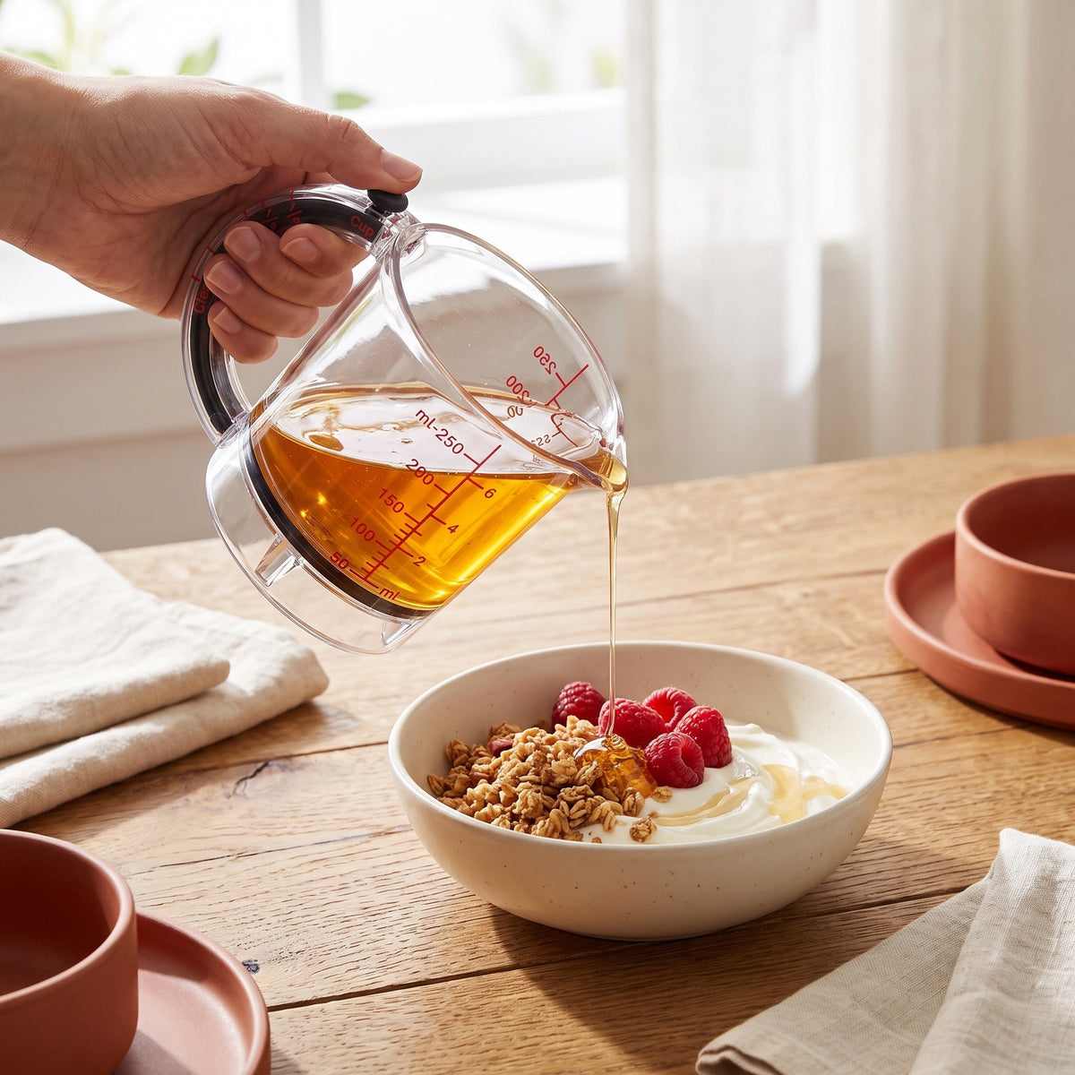 Pouring honey over yogurt